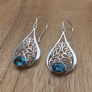 Blue Topaz Swirl Earrings // 925 Sterling Silver // Bali Teardrop Setting // Hook Backing