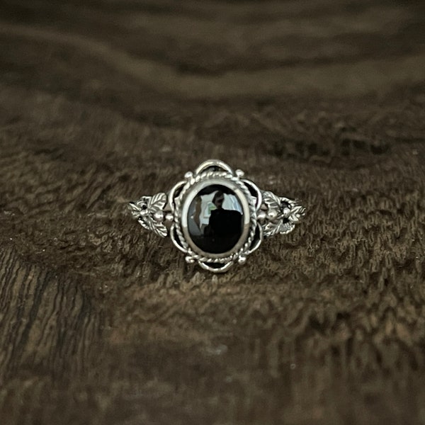 Vintage Onyx Blätter Ring // 925 Sterling Silber mit schwarzem Onyx // Size 45 - 58