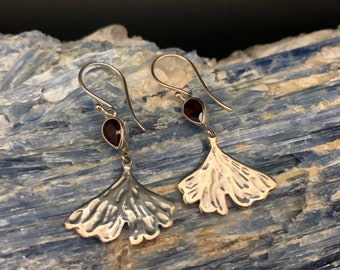 Gingko Leaf Earrings with Garnet // Sterling Silver