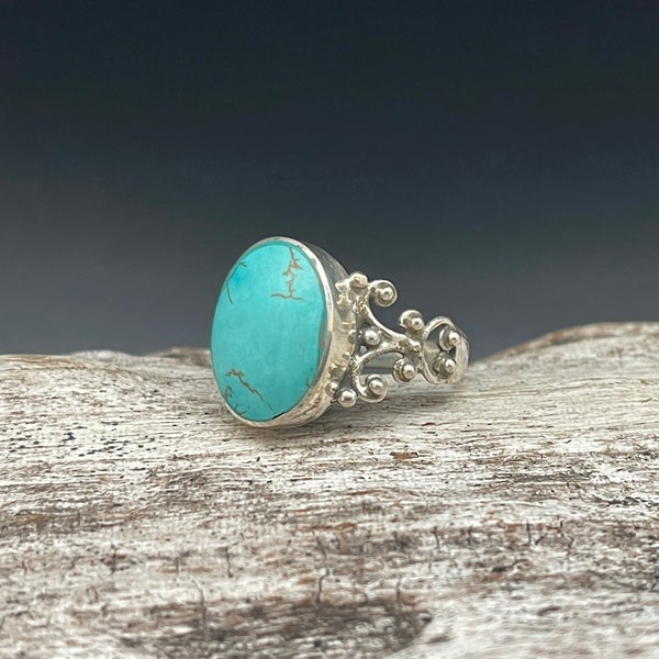 Decorated Turquoise Ring // 925 Sterling Silver // Ethnic Style Turquoise Ring // Sizes 7 to 10