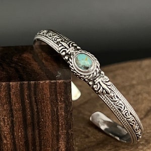 Oxidized Fleur de Lise Turquoise Cuff Bracelet // 925 Sterling Silver // Handmade for Small Wrist