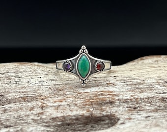 Vintage Style Turquoise Ring with Garnet and Amethyst  // Multi Stone 925 Sterling Silver Ring // Sizes 5 to 10