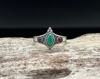 Vintage Style Turquoise Ring with Garnet and Amethyst  // Multi Stone 925 Sterling Silver Ring // Sizes 5 to 10