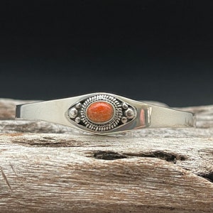 Rustic Bali Cuff Bracelet with Coral // 925  Sterling Silver Setting // 7 Inches // Red Coral Cuff Bracelet