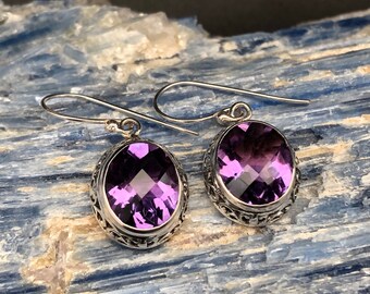 Amethyst Earrings Sterling Silver // Oval Amethyst Earrings // Bali Cast Setting