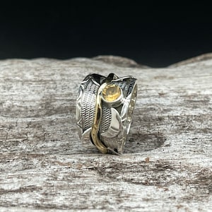 Wide Band Citrine Ring Size 7, 8 // 925 Sterling Silver // Crescent Moon Ring