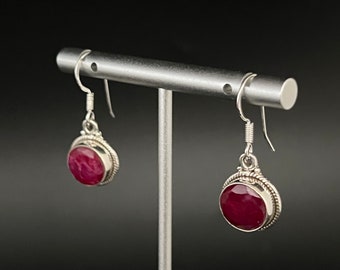 Red Ruby Earrings // 925 Sterling Silver // Braided Round Setting // Handmade