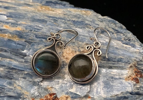 Oxidized Sterling Silver Labradorite Earrings: Swirl Design