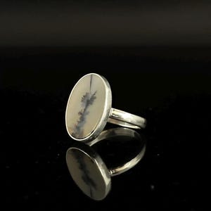 K&ouml;nnte beinhalten: Ein Silberring mit einem ovalen Stein. Der Stein ist hellbeige mit einem schwarzen und grauen dendritischen Muster. Der Ring liegt auf einer schwarzen, reflektierenden Oberfl&auml;che. Das Ringband ist aus poliertem Silber.