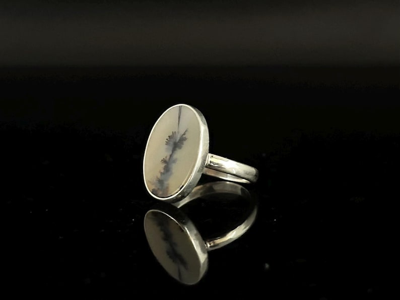 K&ouml;nnte beinhalten: Ein Silberring mit einem ovalen Stein. Der Stein ist hellbeige mit einem schwarzen und grauen dendritischen Muster. Der Ring liegt auf einer schwarzen, reflektierenden Oberfl&auml;che. Das Ringband ist aus poliertem Silber.