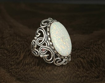 Vintage Style Large Opal Ring // 925 Sterling Silver // Oxidized White Rainbow Opal Ring