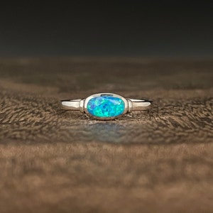 Blue Opal Silver Ring // 925 Sterling Silver // Sideways Oval Design