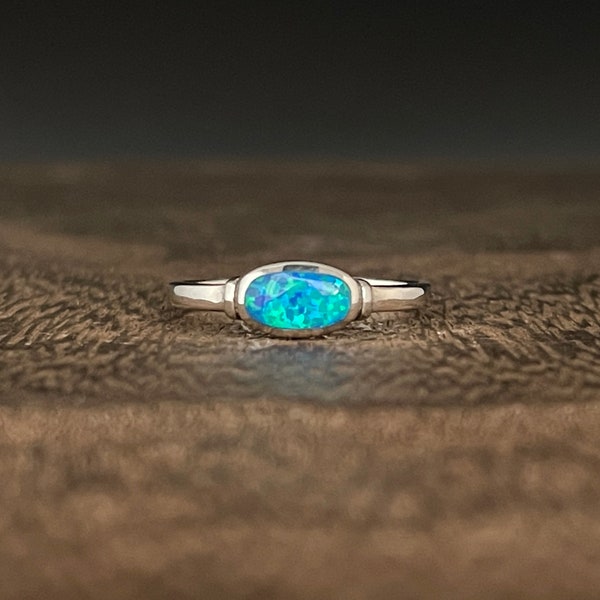 Blue Opal Silver Ring // 925 Sterling Silver // Sideways Oval Design