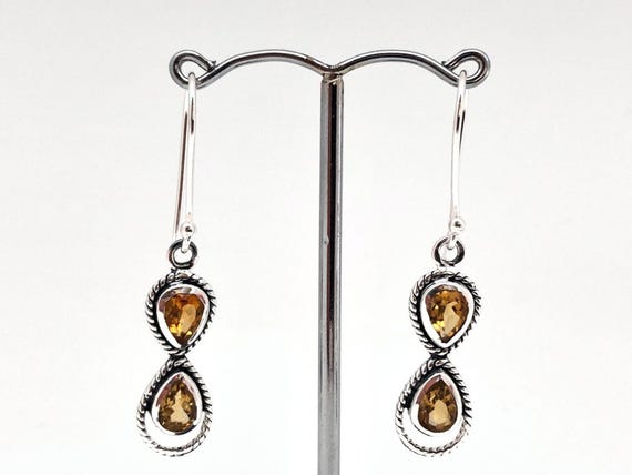 Sterling Silver Citrine Earrings: Oxidized Rope Setting, 2 inch