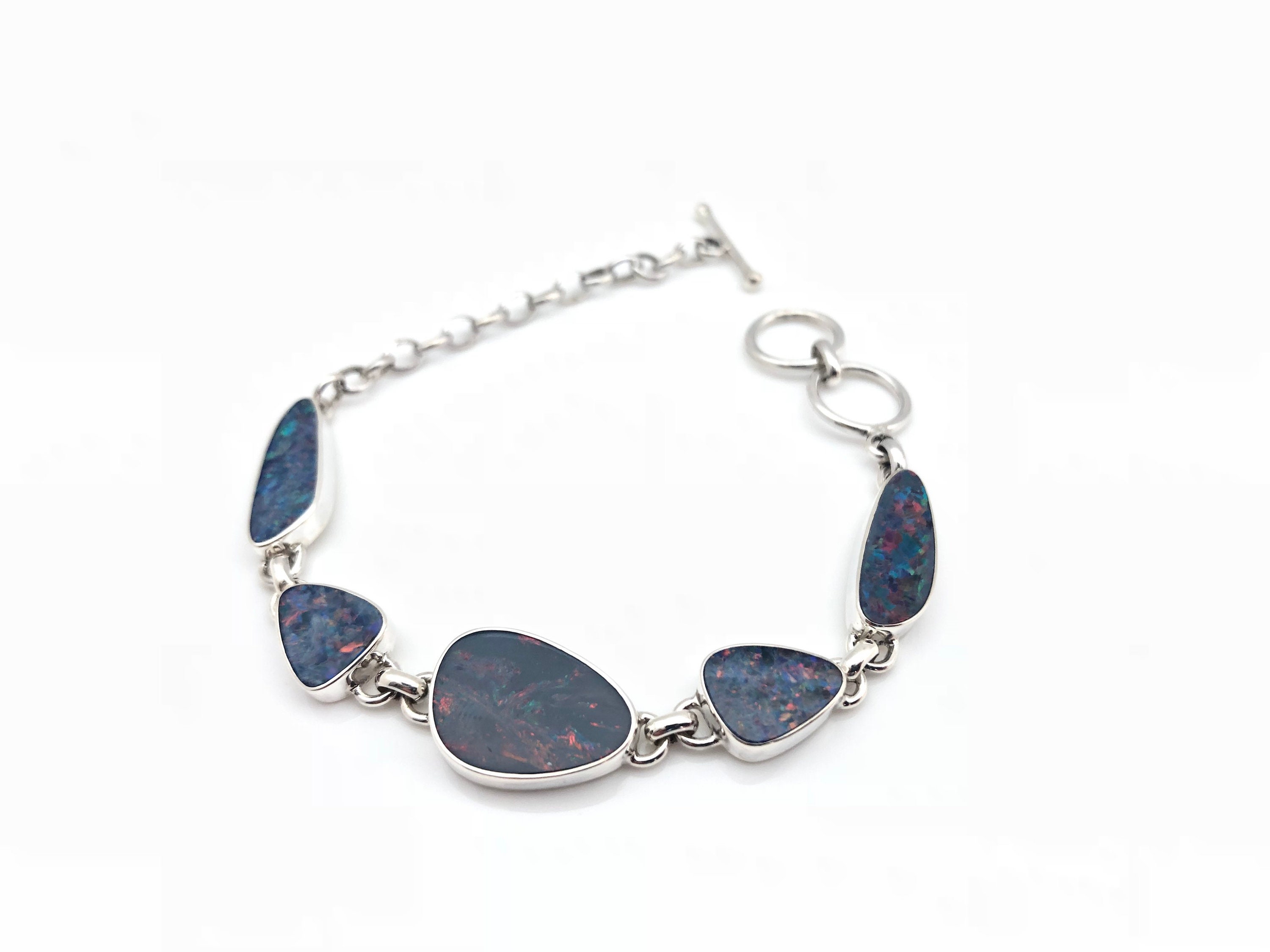 天然オパールブレスレット：925スターリングシルバートグルクラスプ