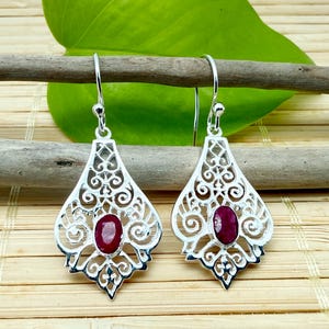 Ruby Zoisite Earrings // Sterling Silver // Polished Filigree Setting // Handmade