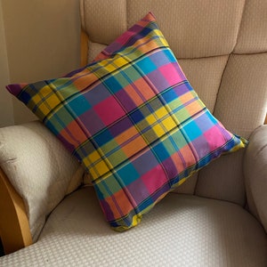 SPECIAL PRICE - Rainbow madras cushion cover with envelope style closure.