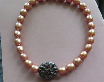 Peachy Pink Freshwater Pearl & Black Glass Dahlia Coin