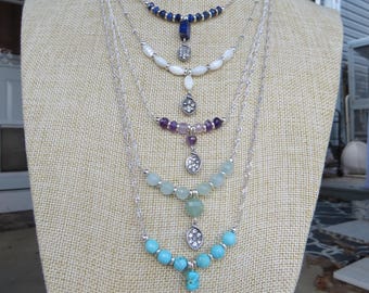Gemstone Necklaces Lapis, Mother of Pearl, Amethyst, Turquoise Magnesite, Amazonite C.Z. Leaf Charm