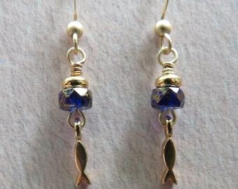 Pierced Earrings Gold Fish Indigo Glass Matte Gold Components