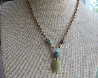 Jade Y Necklace, Turquoise Magnesite & Antique Brass