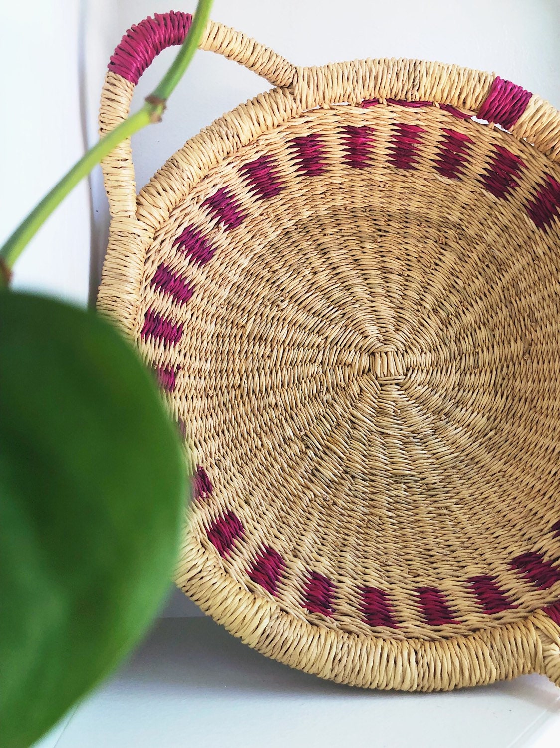 Pink Boho Basket with Handles / Global Decor Vintage Woven Basket