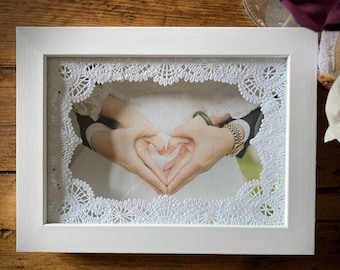Timeless Battenberg Lace set in 5x7 White Box Frame with a choice of lace colours