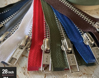 Hochwertige YKK-Metallreißverschlüsse (71 cm / 28 Zoll, Stärke 5) mit offenem Ende. Neun Farben zur Auswahl.
