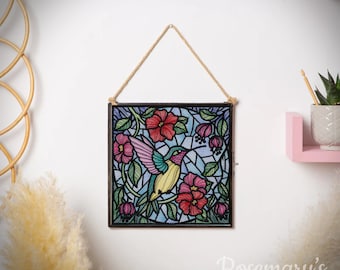 Embroidered Hummingbird and Hibiscus Flowers Stained-Glass Effect 4x4 or 8x8 Hanging Black Metal Glass Frame