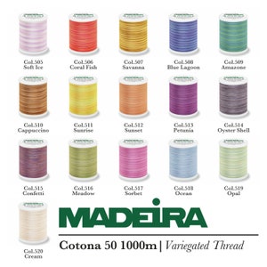 Madeira Cotona nr 50 1000 m tråd. Val av 16 livfulla, brokiga färger.