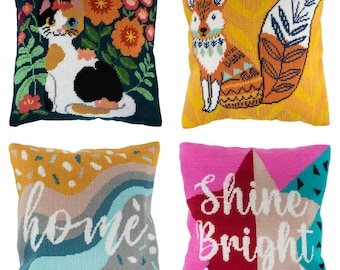 Make Your Own DIY Cat Floral, Fox, Home, or Shine Bright Half Cross Stitch Tapestry Cushion Kit by Trimits