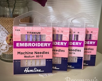 Agujas de punta morada para máquina de bordar, finas 75 (11), medianas 90 (14), mixtas o titanio 80 (12) de Hemline