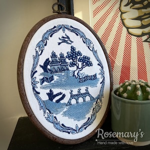 Embroidery Hoop Oriental Blue Willow China Design in an Oval Hoop Optional Fabric and Hoop Colour Choices