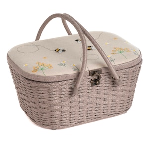 Costurero tipo cesta de mimbre grande de lino con apliques de abejorro de HobbyGift