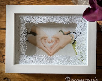 Delicate Battenberg Lace set in 5x7&quot; or 6x8&quot; White Box Frame with a choice of lace colours
