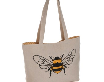 Appliqué Embroidered Bumble Bee Linen Shoulder Tote Craft, Knitting, Yarn Bag by HobbyGift