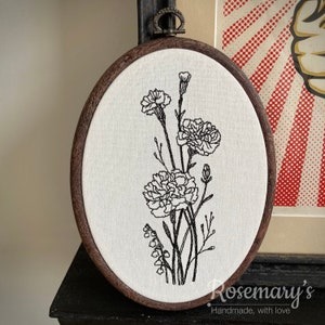 Embroidery Hoop Carnation in an Oval Hoop Optional Fabric Colour Choice