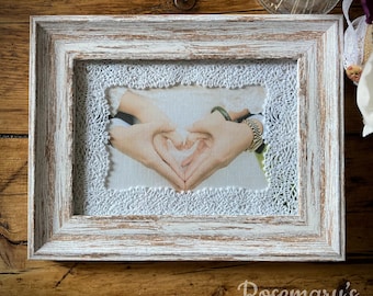 Delicate Battenberg Lace set in 5x7&quot; or 6x8&quot; White Light Wood Distressed Frame with a choice of lace colours