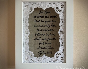 Timeless Lace Embroidered For God Loved the World so Much John 3:16 scripture in a White 5x7 Box Frame and Optional Linen Fabric Colour