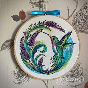 Embroidery Hoop Hummingbird and Lavender Round Hoop Optional Fabric Colour Choice