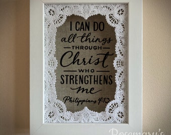 Timeless Lace Embroidered I can do all things through Christ Philippians 4:13 Scripture in a White 5x7 Box Frame and Optional Linen Fabric