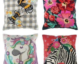 Make Your Own DIY Bumble Bees, Painted Flowers, Unicorn Rainbows, or Zebra Half Cross Stitch Tapestry Cushion Kit by Trimits