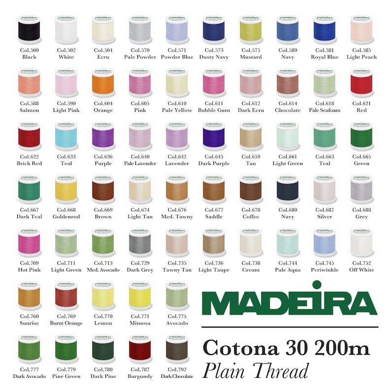 May include: A color chart of Madeira Cotona 30 200m Plain Thread. The chart shows 30 spools of thread in various colors, including black, white, red, blue, green, and brown. Each spool is labeled with a color number and name.