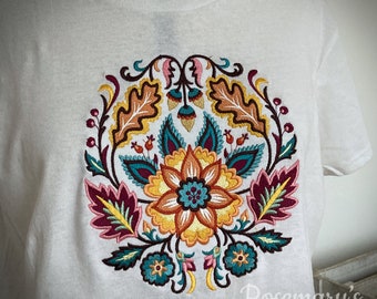 Embroidered Vibrant Jacobean Autumn Medallion on a Fruit of the Loom Ladies Premium Crew Neck T-Shirt | Sweatshirt / Sweater | Hoodie