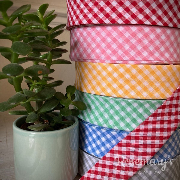 Gingham Blue / Cerise / Green / Grey / Pink / Yellow 30mm folded bias binding by Byetsa. Multibuy / Bulk Buy Discount!