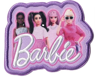 Barbie and Friends Print with Embroidered Text and Edge Iron On / Sew On Motif / Patch by Mattel 74mm x 60mm