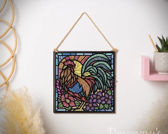 Embroidered Rooster / Cockerel Farm Scene Sunrise Stained-Glass Effect 4x4 or 8x8 Hanging Black Metal Glass Frame