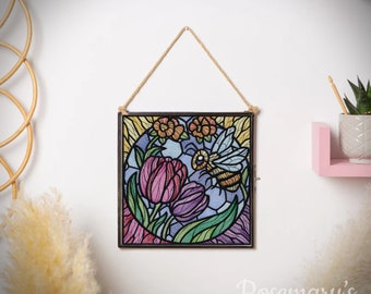 Embroidered Bee and Tulip Stained-Glass Effect 4x4 or 8x8 Hanging Black Metal Glass Frame