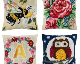 Make Your Own DIY Floral Bee, Floral Bloom Rose Peony, Monogram Wreath, or Night Owl Counted Cross Stitch Tapestry Cushion Kit by Trimits