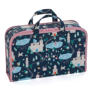 May include: A blue and pink travel case with a castle and forest print. The case has a zipper closure and a pink handle. The text "Hobby Gift" is printed on the case.